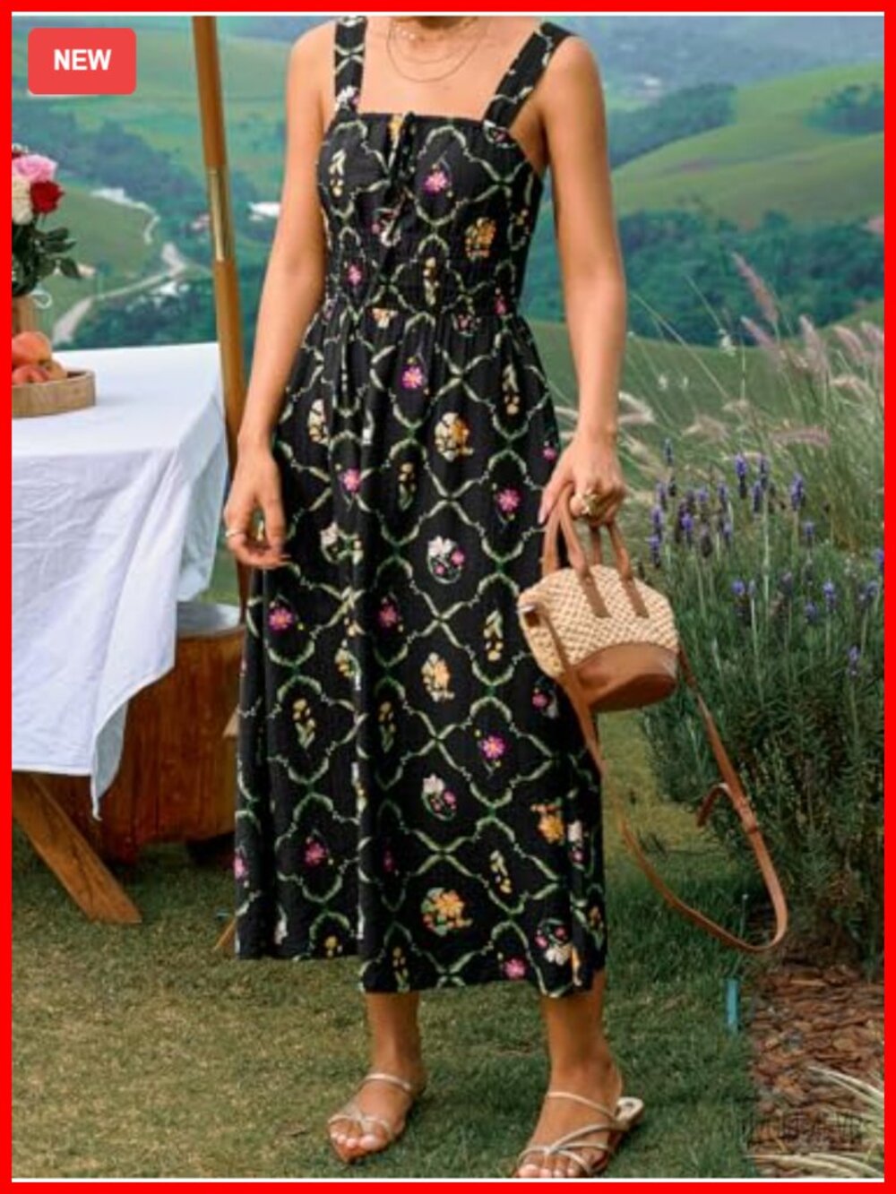 Backless Square Neck Smocked Waist Midi Dress with Pockets - Picture 6 of 7